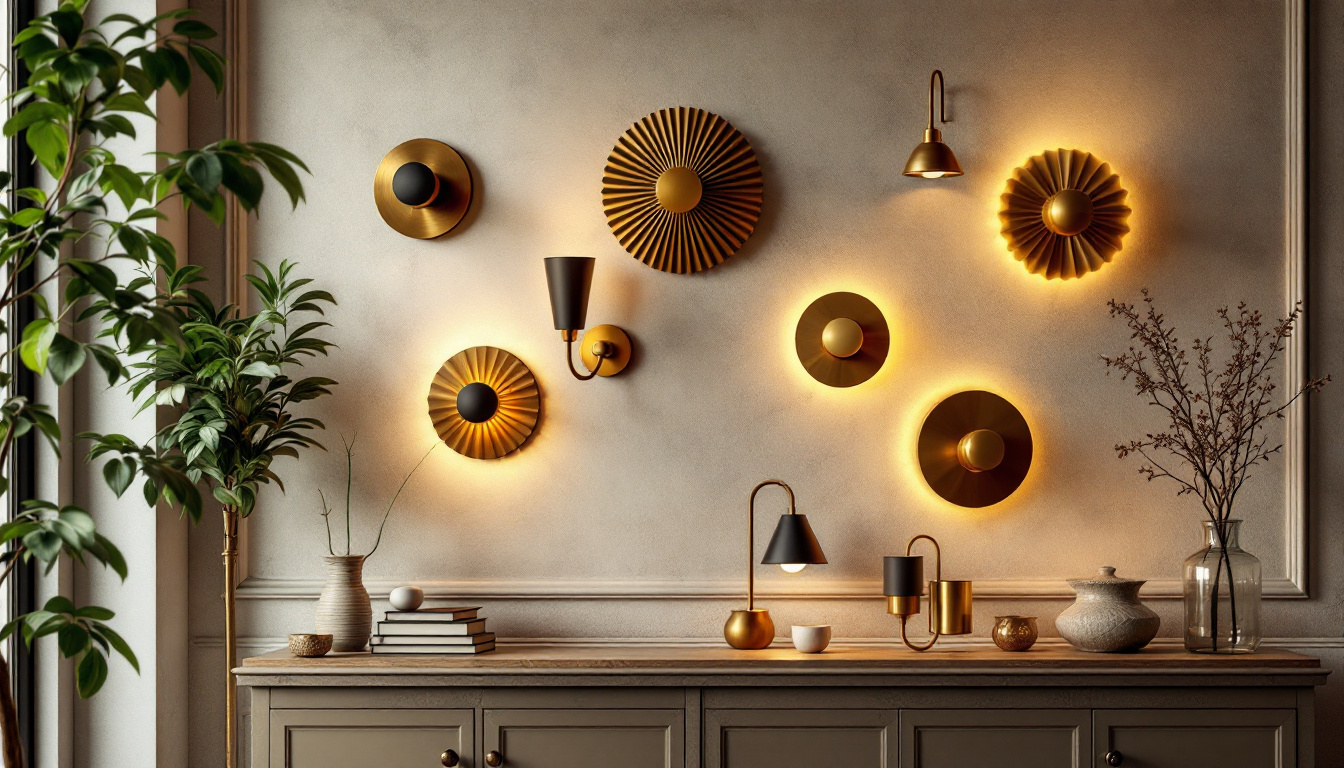A photograph of a beautifully arranged display of various goosenmeck brass sconces in different shapes