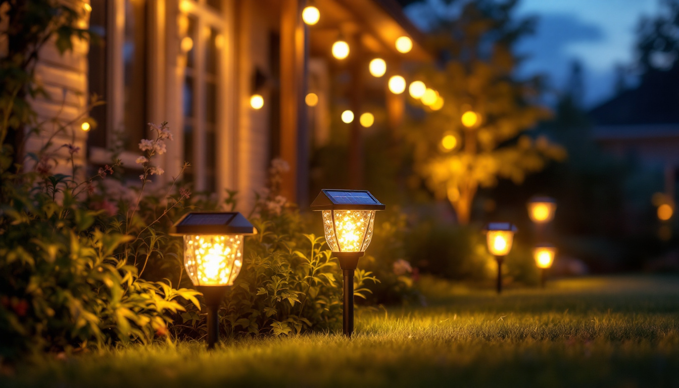 A photograph of a beautifully illuminated outdoor space featuring various styles of solar lights