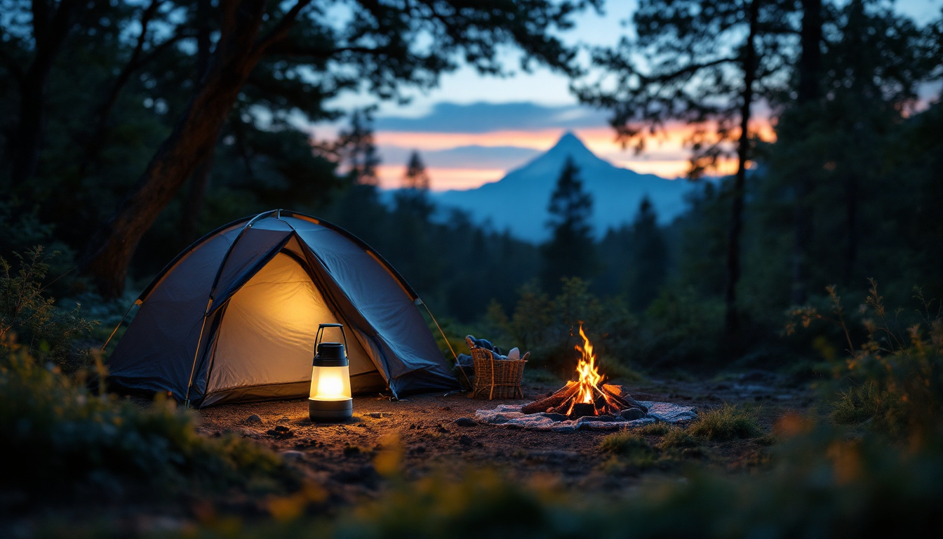 A photograph of capture a photograph of a serene camping scene at dusk
