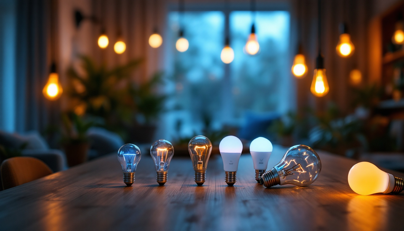 A photograph of a well-lit room showcasing a variety of led bulbs in different styles and colors