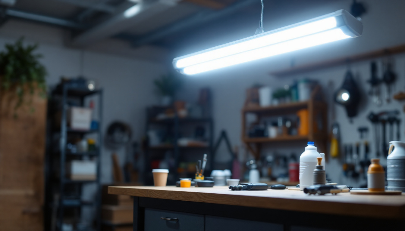 A photograph of a brightly lit workshop or garage space showcasing a fluorescent shop light in use