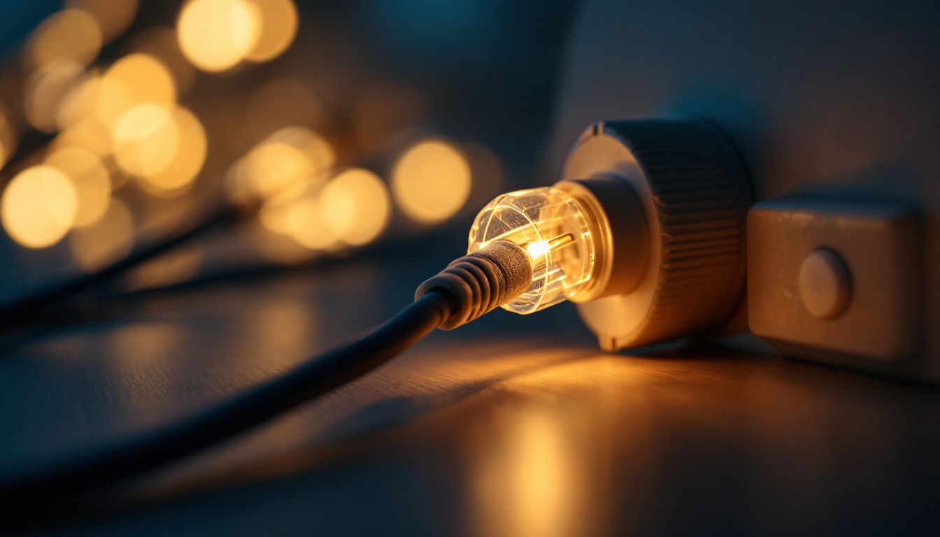 A photograph of a power supply cord elegantly illuminated in a dimly lit environment