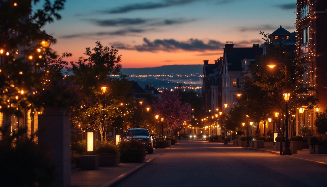 A photograph of a beautifully lit urban scene at dusk