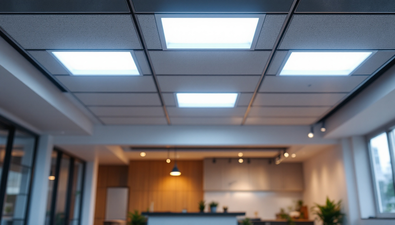 A photograph of a well-lit interior space featuring 2x4 led lights installed in a ceiling grid