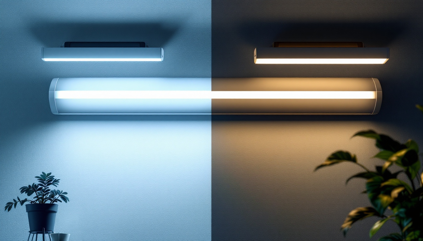 A photograph of a modern workspace or home interior illuminated by both led and fluorescent tube lights