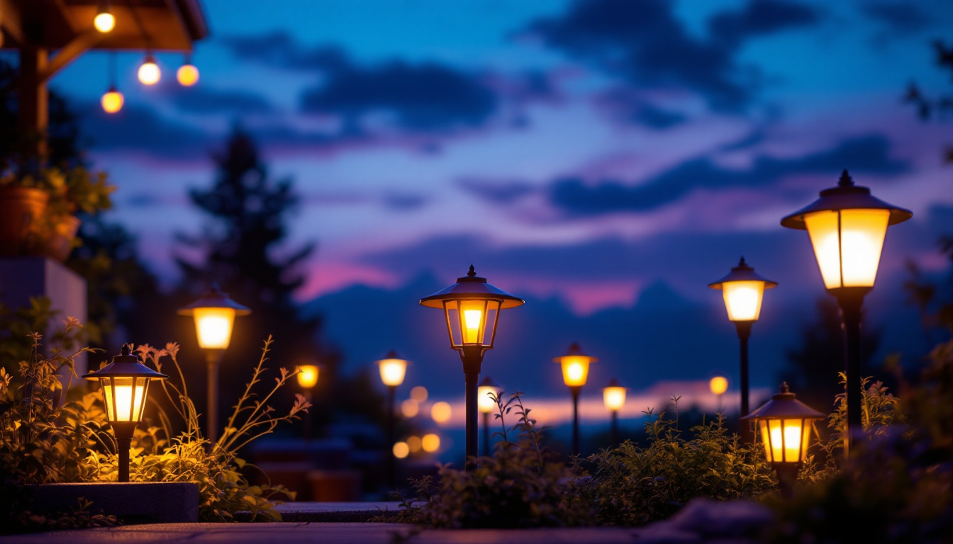 A photograph of a beautifully illuminated outdoor space featuring various styles of solar-powered lights