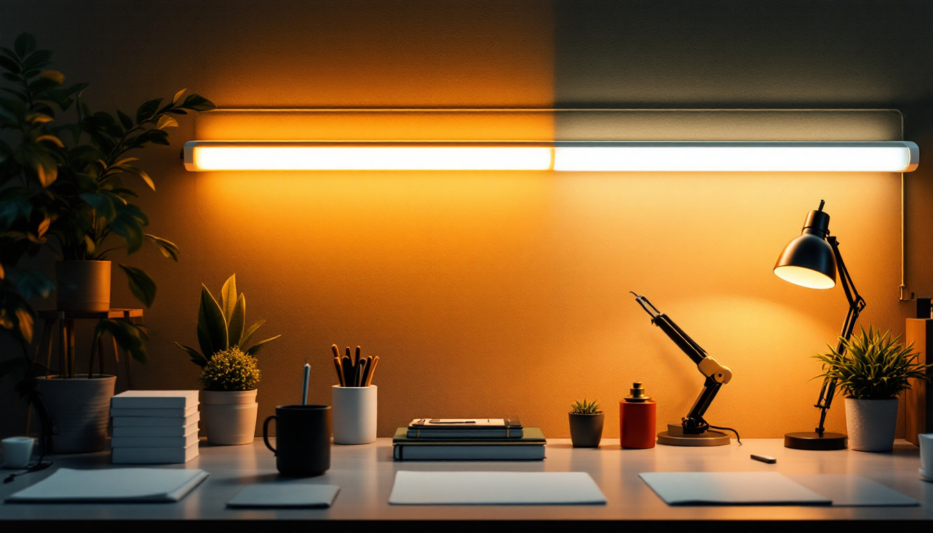 A photograph of a well-lit workspace showcasing both t12 and t8 fluorescent tubes in action