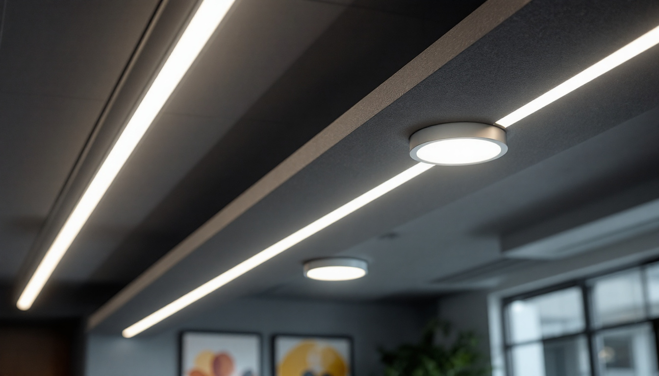 A photograph of a modern suspended ceiling installation featuring sleek recessed light fixtures