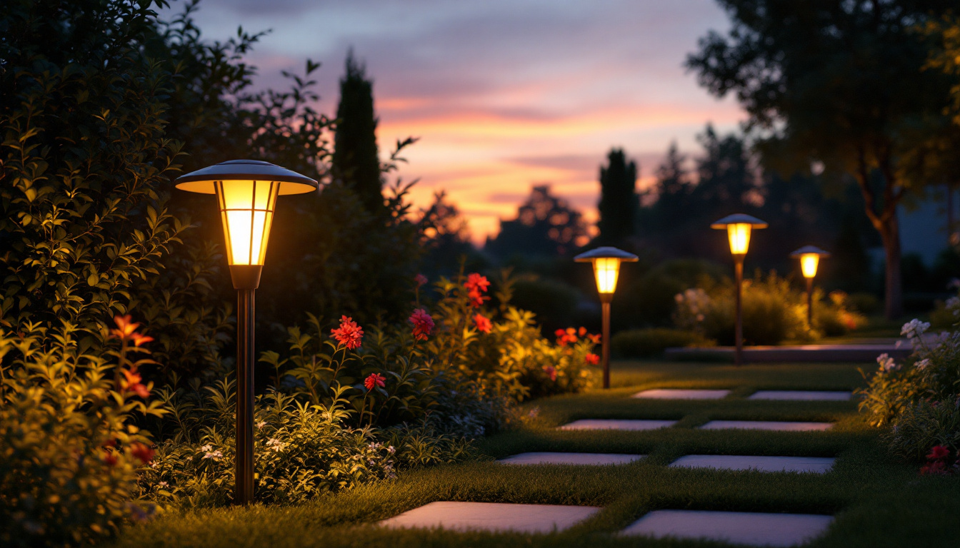 A photograph of a beautifully illuminated outdoor space showcasing various solar light fixtures in use during twilight