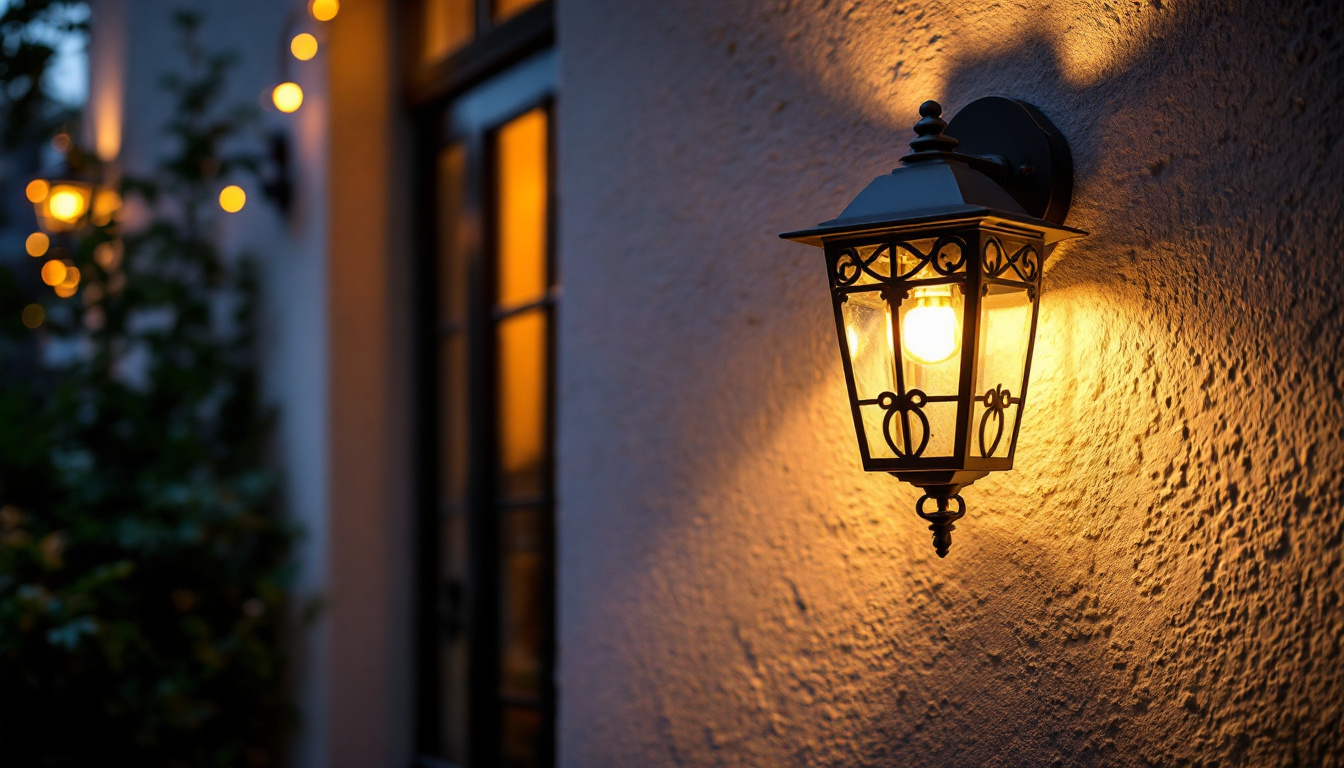 A photograph of a beautifully designed outdoor wall lighting fixture illuminating a charming entryway or garden space during twilight