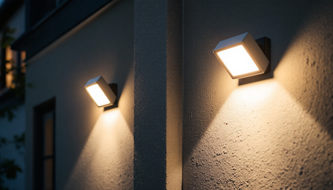 A photograph of a well-lit outdoor scene showcasing a variety of wall pack lights installed on a building