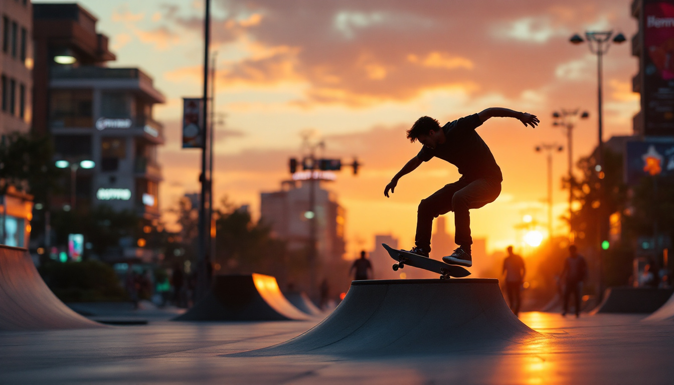 A photograph of a dynamic skateboarding scene at sunset