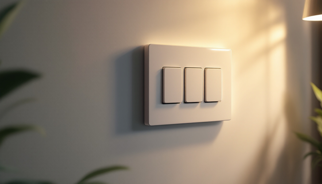 A photograph of a stylish three-switch light switch panel in a well-lit