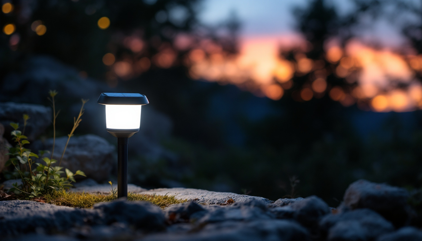 A photograph of a koda solar led light illuminating a serene outdoor setting at dusk