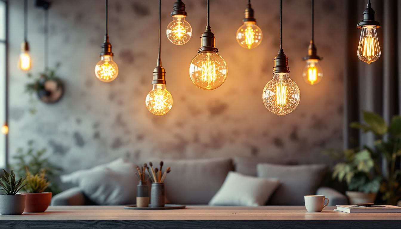 A photograph of a beautifully arranged indoor space featuring hanging led lights in various designs