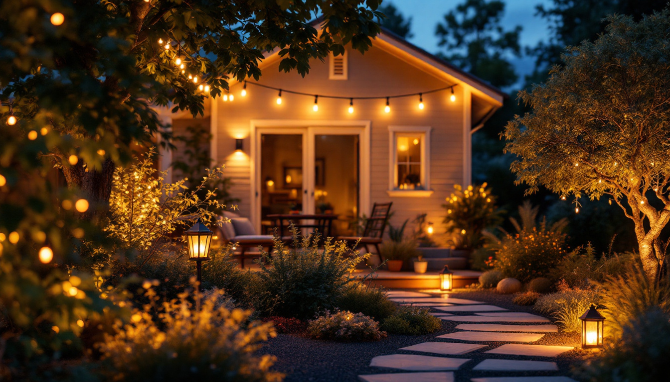 A photograph of a beautifully illuminated outdoor space featuring various types of lighting fixtures