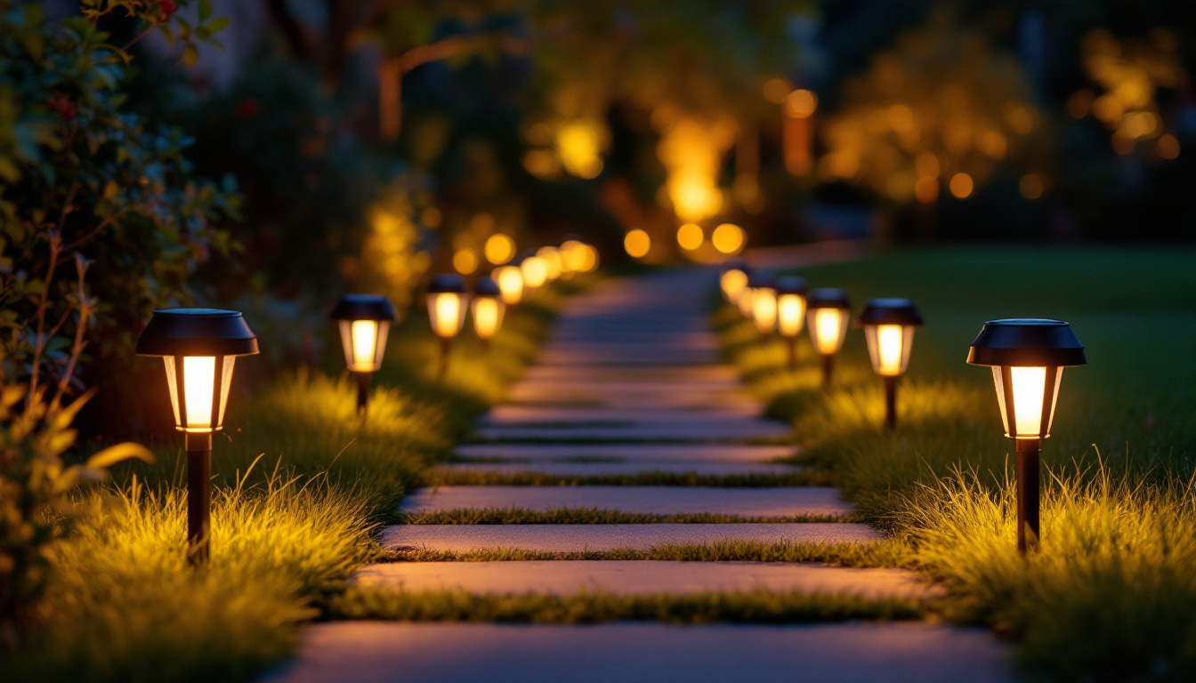 A photograph of a beautifully illuminated outdoor pathway lined with solar pathway lights at dusk