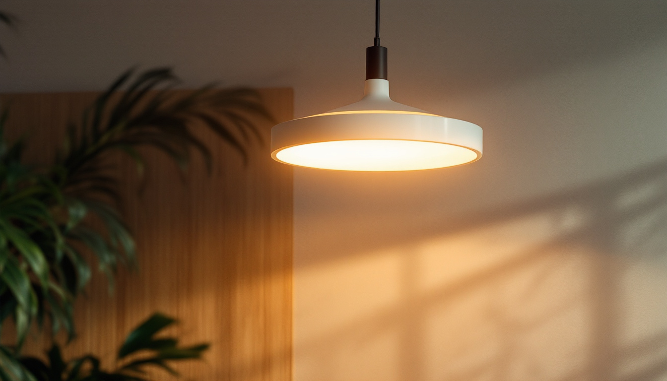 A photograph of capture a photograph of a stylish round lamp suspended from the ceiling in a modern interior setting