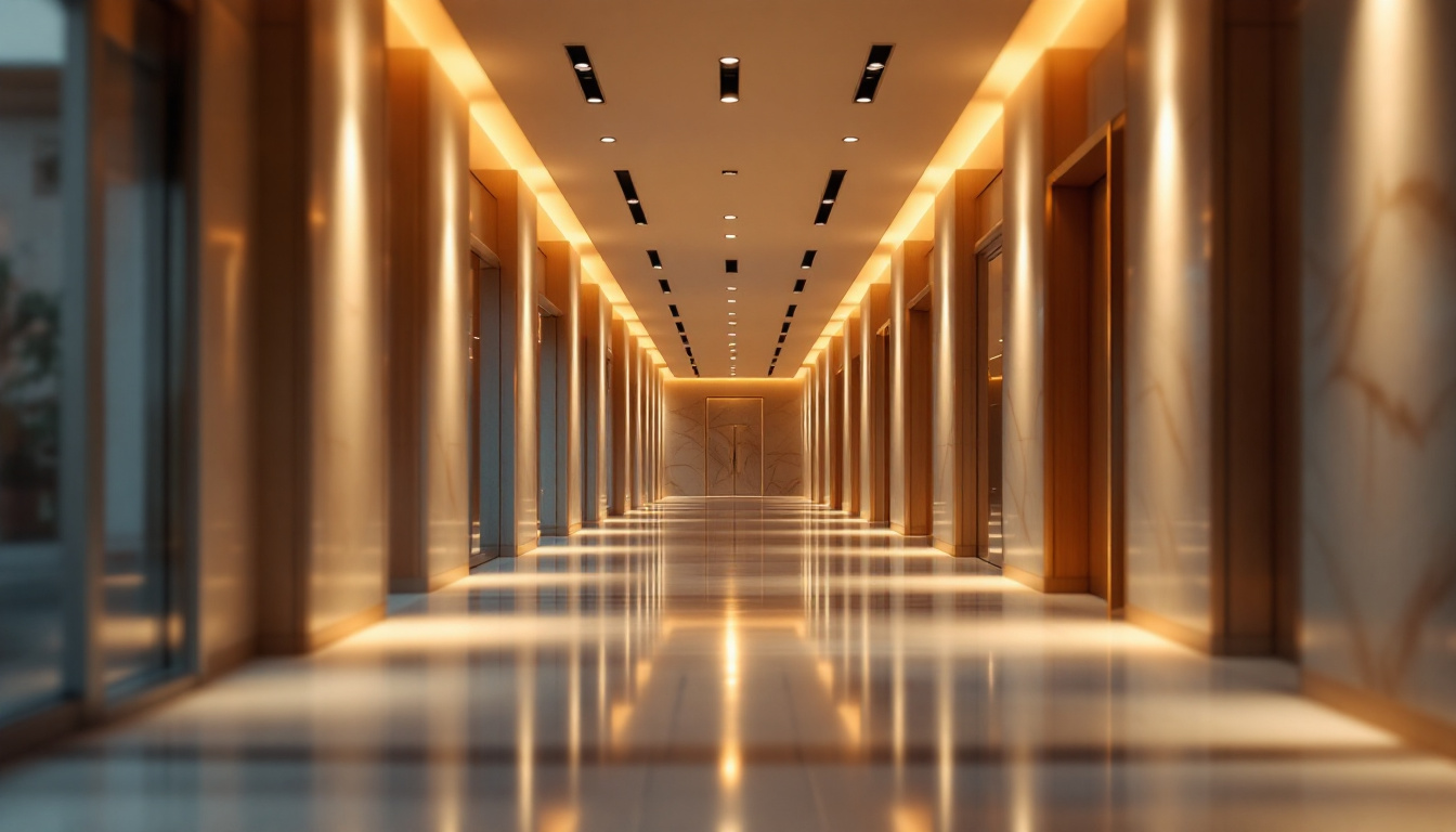 A photograph of a beautifully lit corridor featuring sleek downlights that highlight the architectural details and create a warm