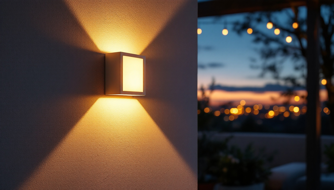 A photograph of a stylish led outdoor wall lamp illuminating a cozy outdoor space