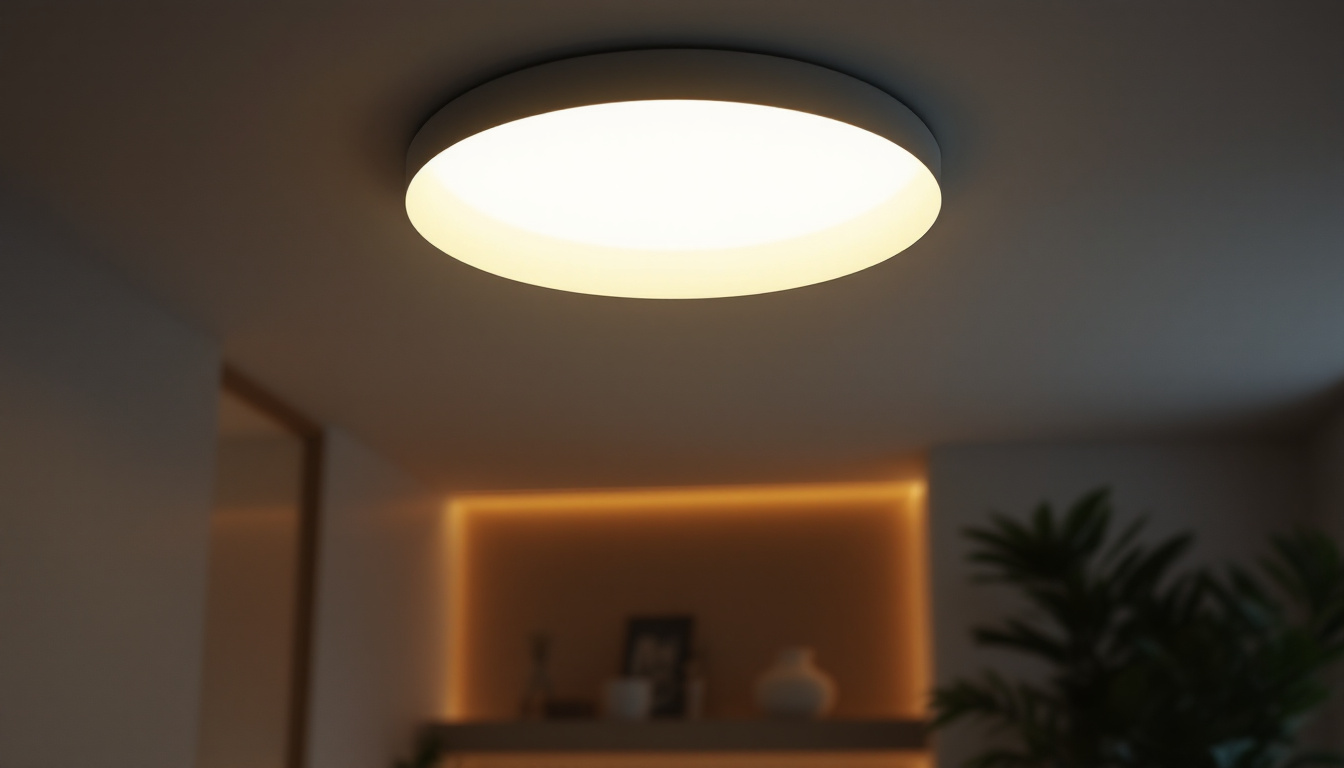 A photograph of a modern ceiling recessed light fixture illuminating a stylish interior space