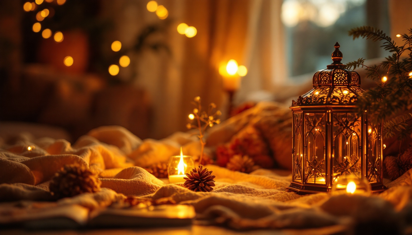 A photograph of a beautifully arranged decorative light fixture in a cozy setting