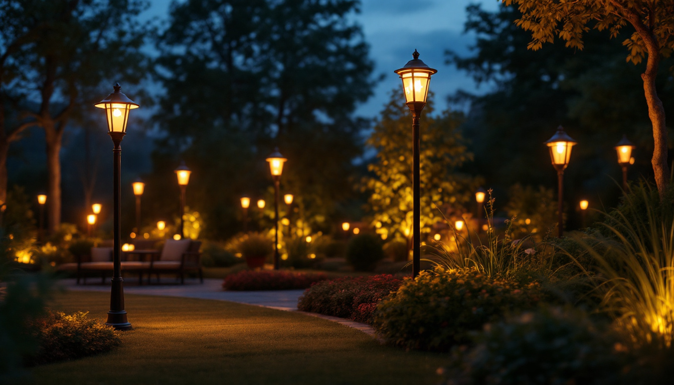 A photograph of a beautifully arranged outdoor setting featuring a variety of post lamp fixtures illuminated at dusk