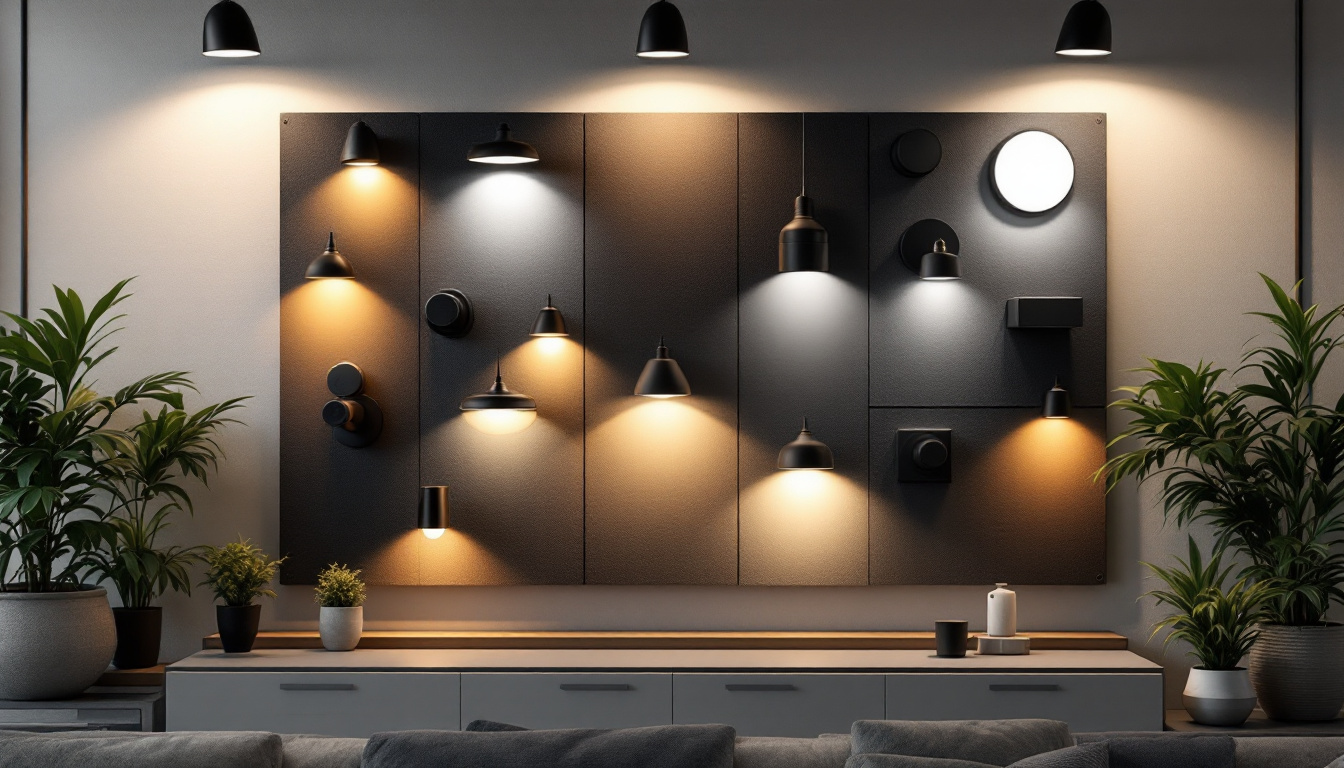 A photograph of a well-lit panel board showcasing various types of lighting fixtures in a modern setting