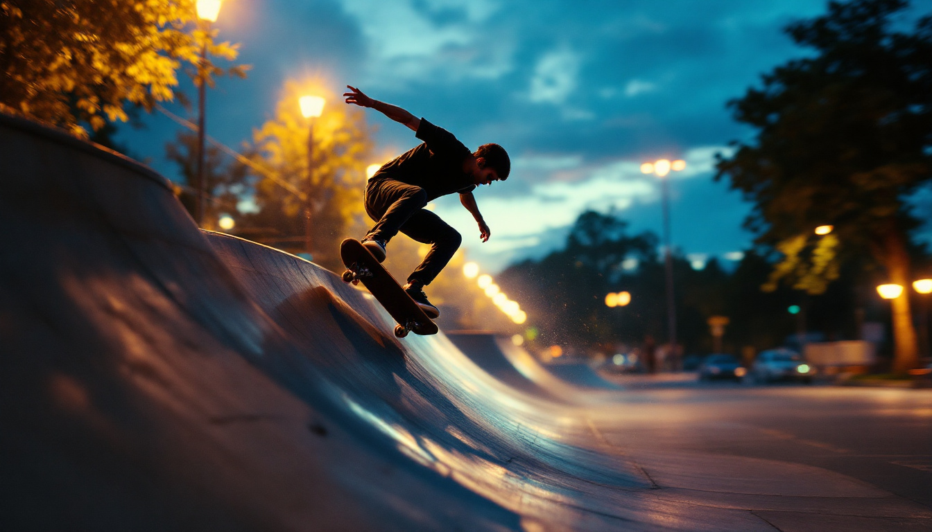 A photograph of a dynamic skateboarding scene at dusk