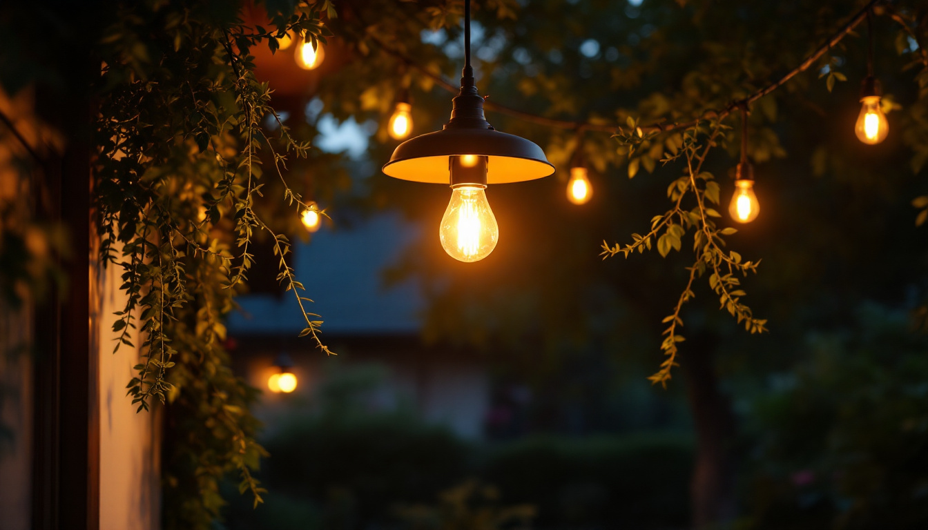 A photograph of a beautifully illuminated outdoor overhead light fixture in a cozy outdoor setting