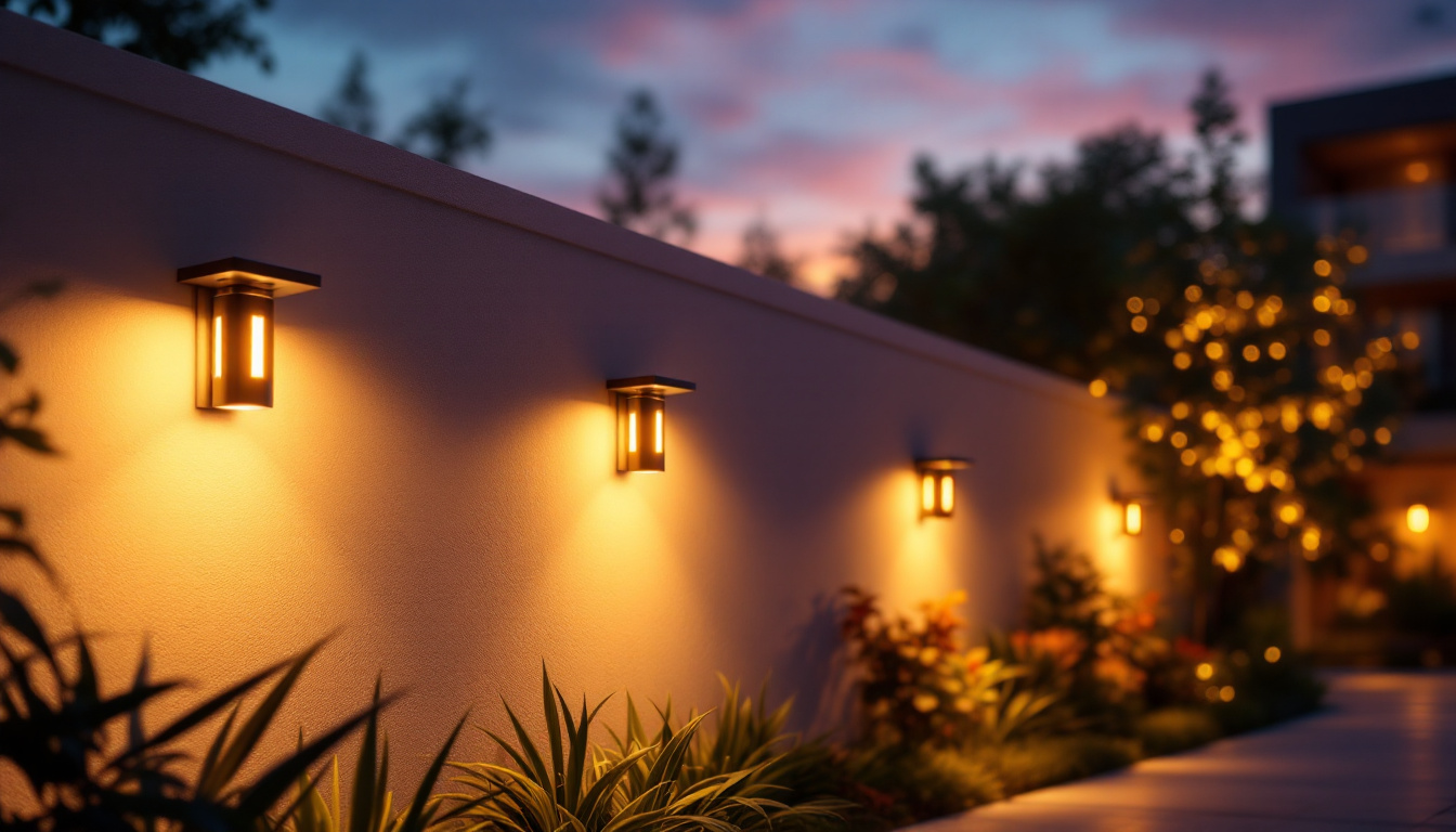 A photograph of a beautifully illuminated outdoor space featuring solar wall lamps in use