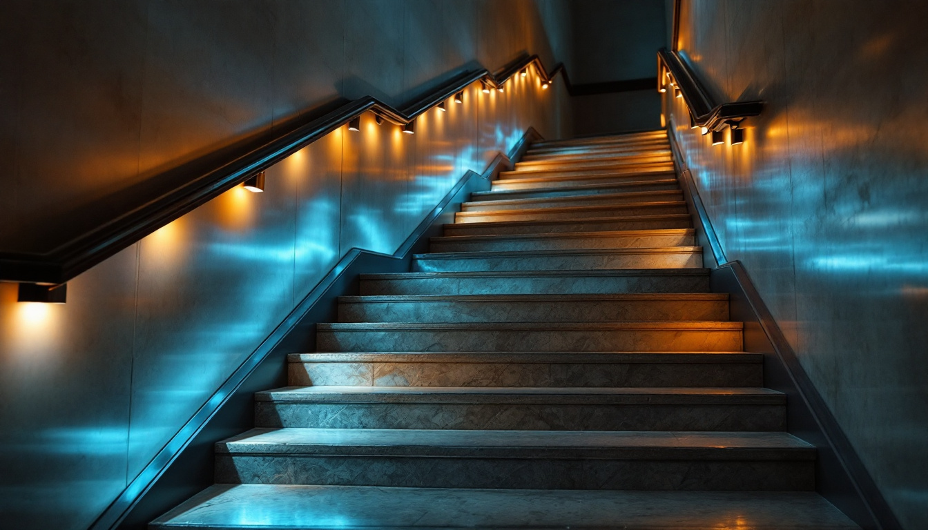 A photograph of a beautifully illuminated staircase featuring stylish stairway lights