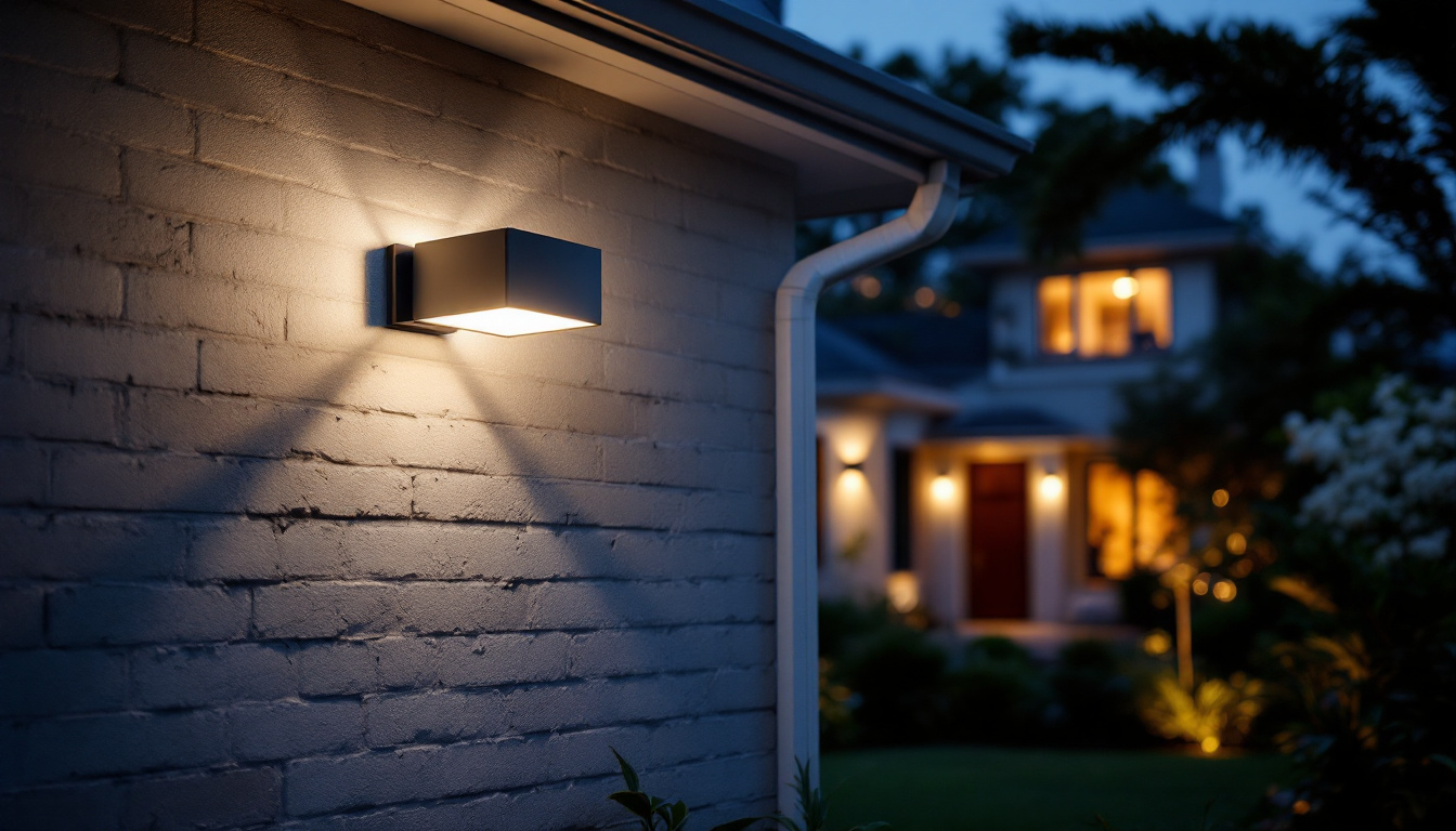 A photograph of a stylish exterior garage light fixture illuminated at dusk
