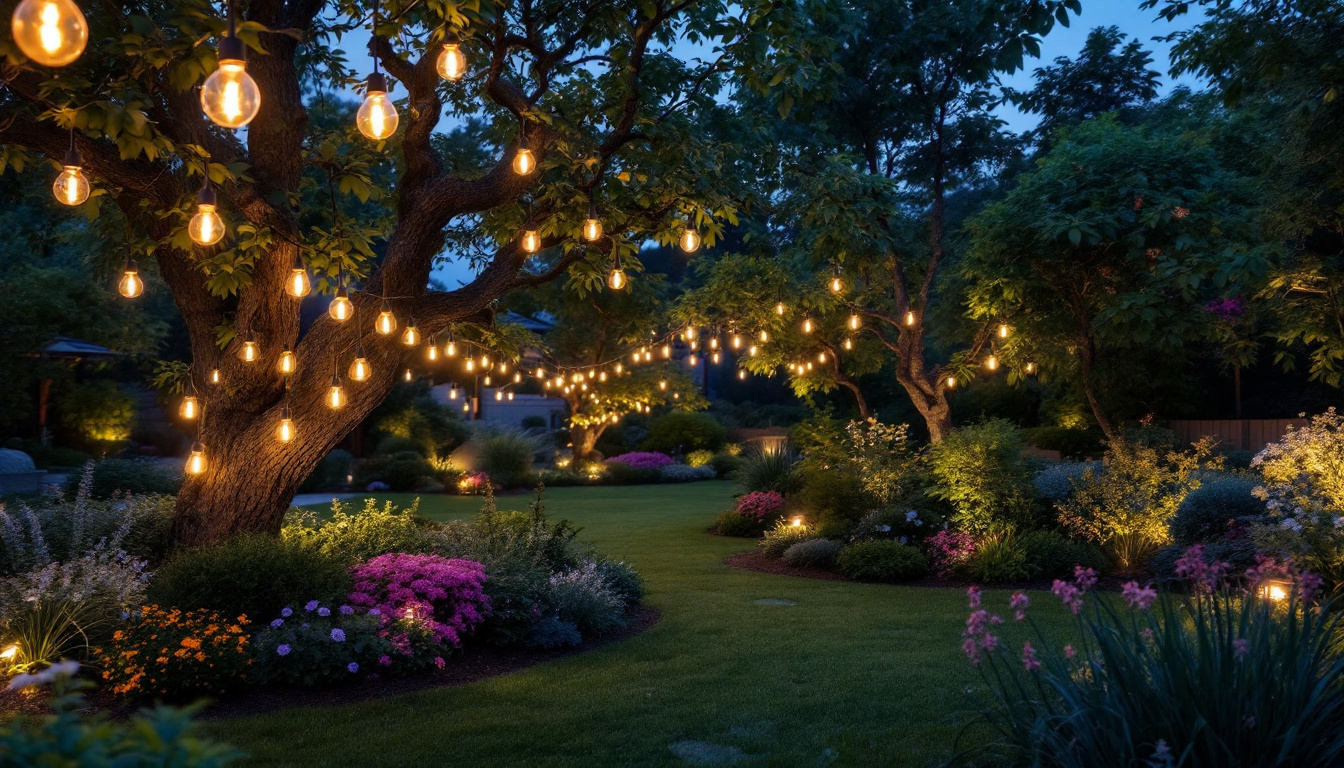 A photograph of a beautifully illuminated garden at dusk