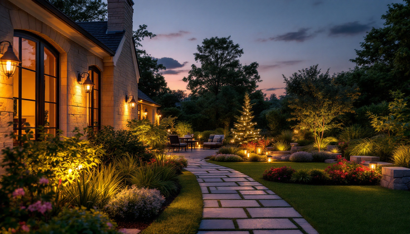 A photograph of a beautifully landscaped outdoor space featuring a variety of stylish light fixtures in use during twilight