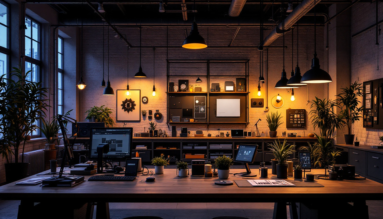 A photograph of capture a photograph of a modern industrial workspace illuminated by a variety of ilp lighting products