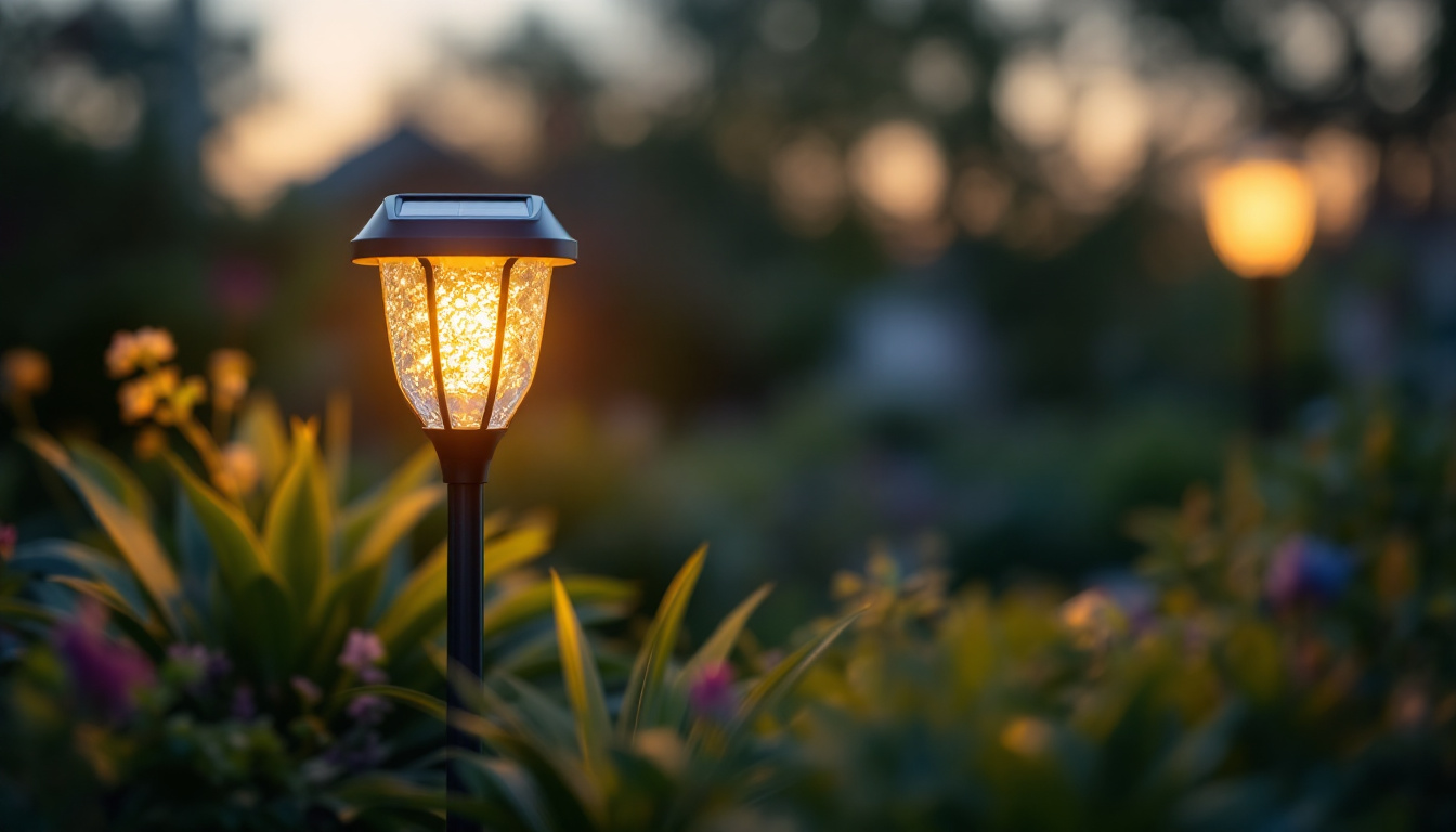 A photograph of a beautifully illuminated solar-powered yard light in a serene garden setting at dusk