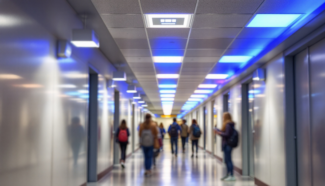 A photograph of a well-lit school hallway showcasing modern lighting fixtures