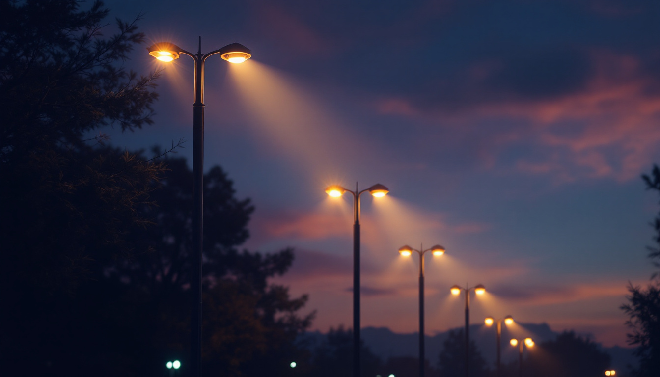 A photograph of a well-lit urban street scene featuring a variety of light poles at dusk