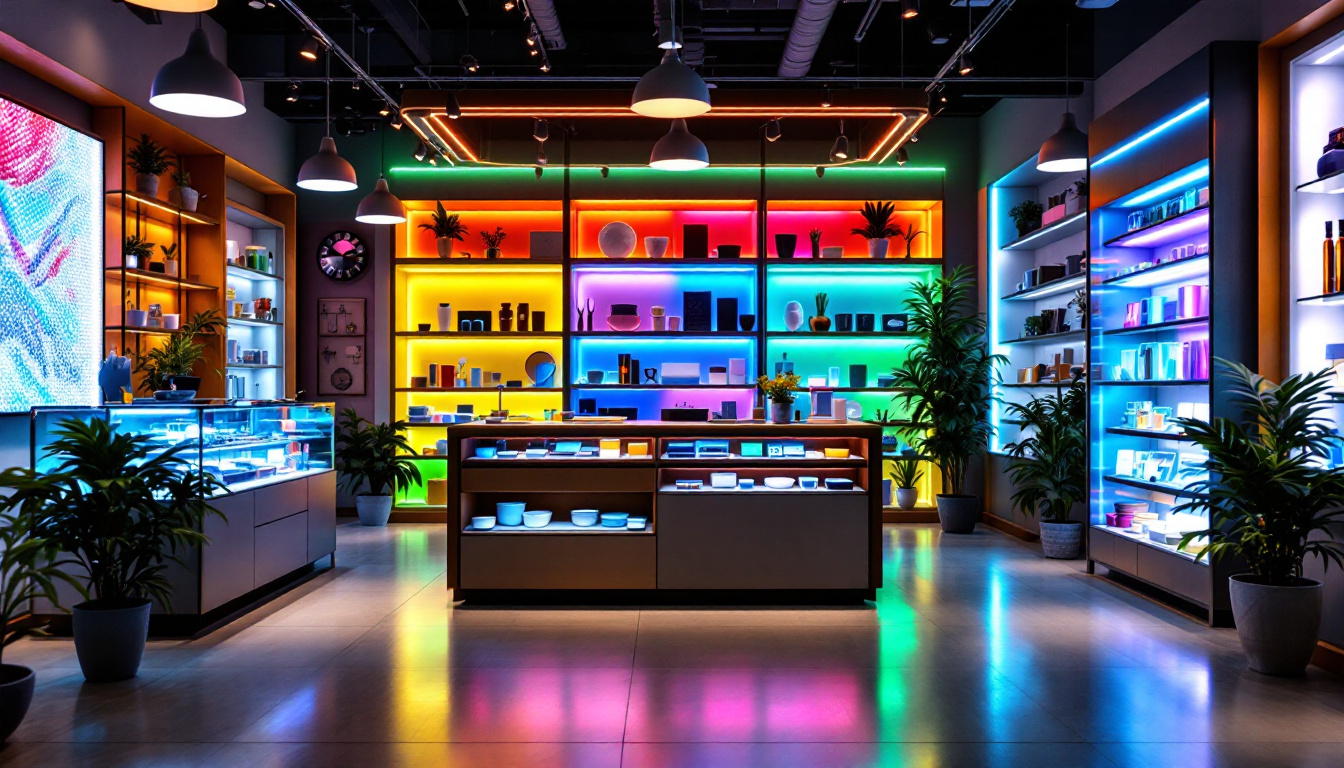 A photograph of a well-lit led store display showcasing a variety of colorful led lighting products