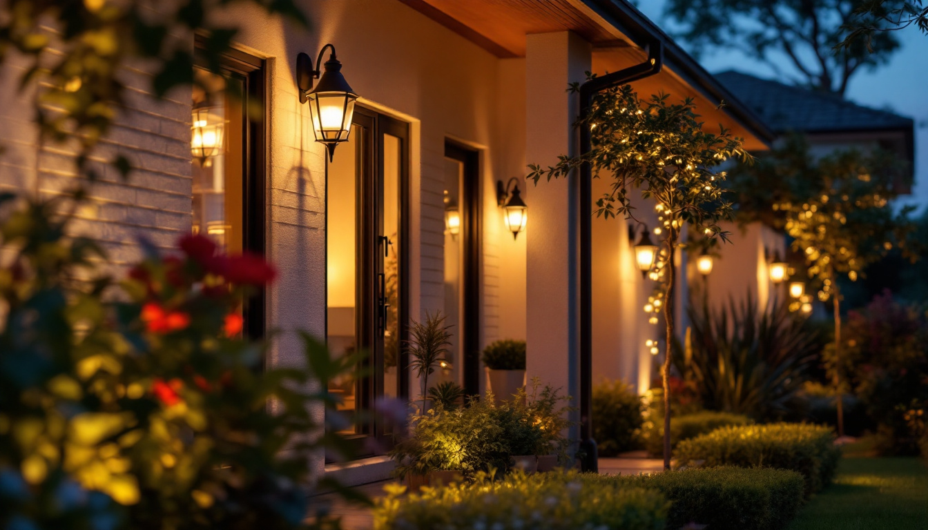 A photograph of a beautifully illuminated outdoor space featuring a variety of stylish home lighting fixtures