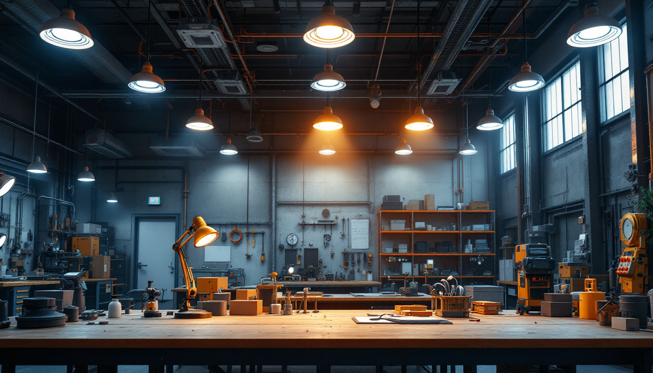 A photograph of a well-lit industrial workspace featuring various types of industrial lighting fixtures