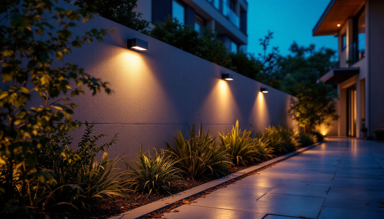 A photograph of capture a photograph of a beautifully illuminated outdoor space featuring stylish led wall lights