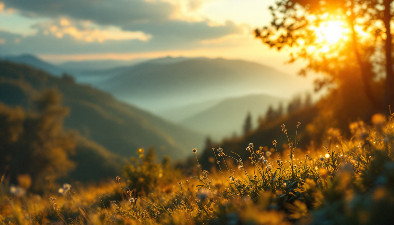 A photograph of a serene outdoor scene during the golden hour