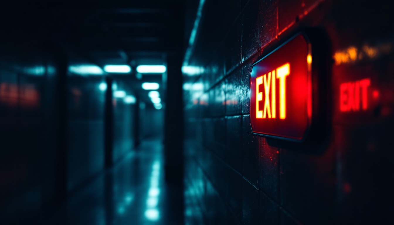 A photograph of a well-lit exit sign in a dimly lit corridor