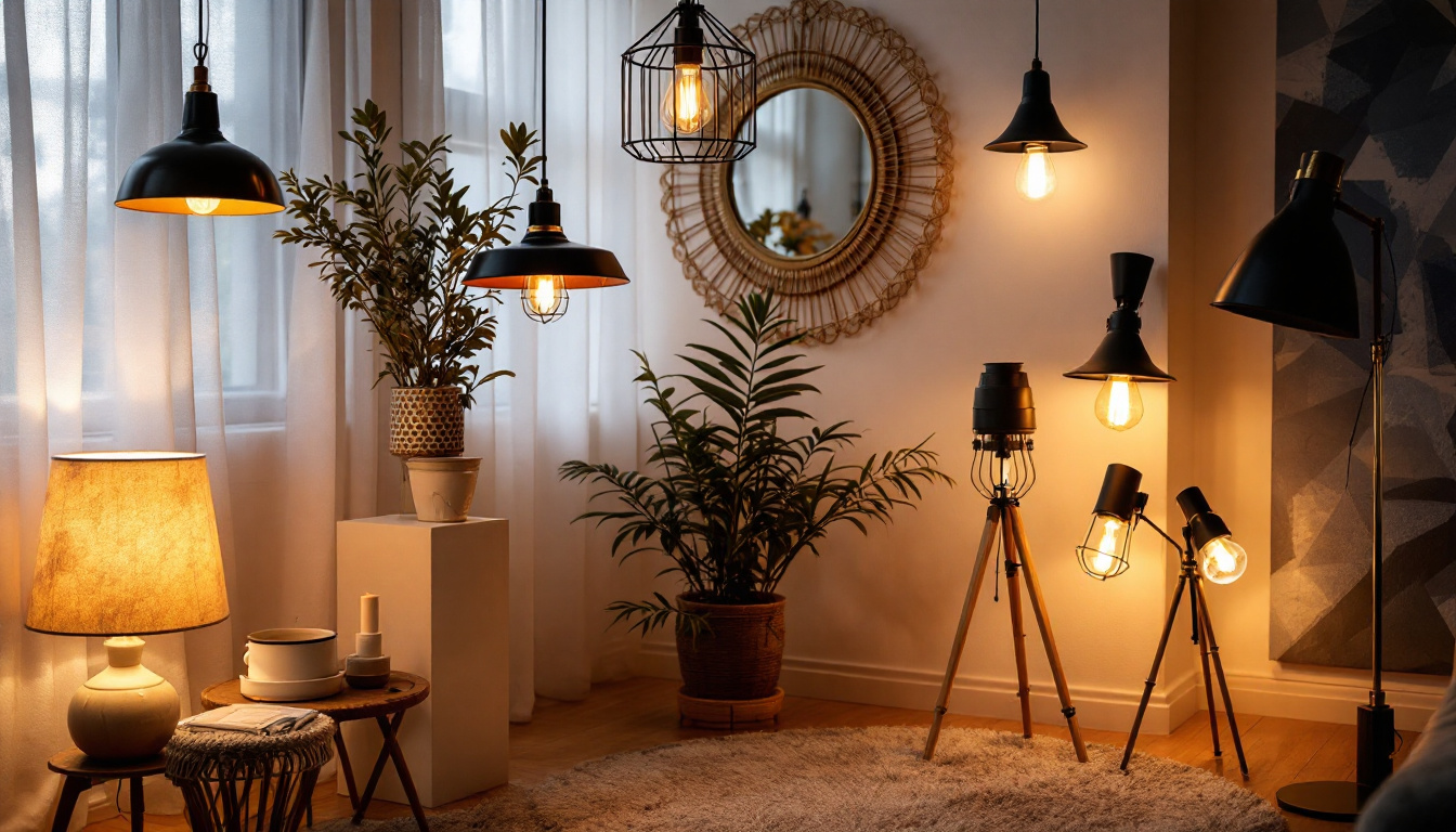 A photograph of a beautifully arranged scene featuring a variety of stylish light fixtures and lamps in a well-lit room