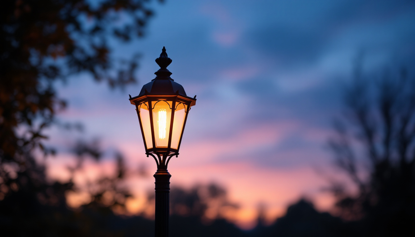 A photograph of a beautifully designed outdoor lamp post light fixture illuminated at dusk