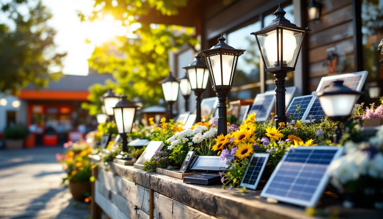 A photograph of a beautifully arranged display of solar lamps at a home depot store