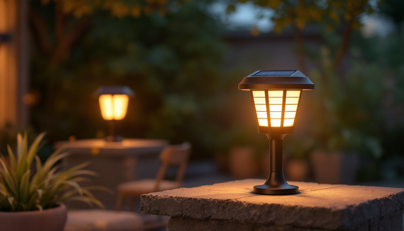 A photograph of a beautifully designed exterior solar light illuminating a garden or patio setting at dusk