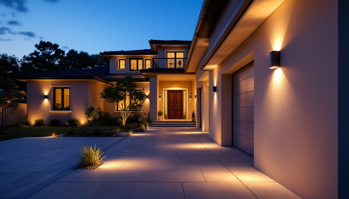 A photograph of a beautifully illuminated exterior of a house at dusk